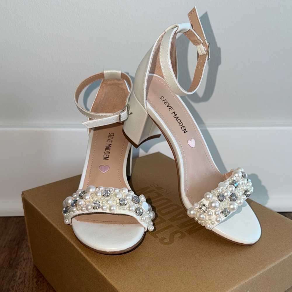 Steve Madden Carrsen White Pearl & Crystal Embellished Ankle-Strap Block Heels